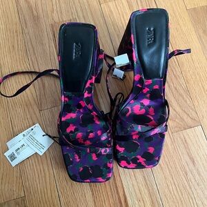 NWT Zara Colourful Pink Purple Chunky Block Heels Strappy Heels
